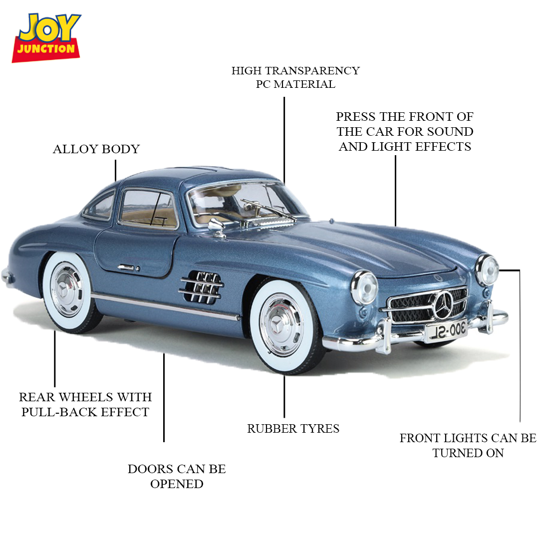 Mercediz-Benzz 300 SL Metal Toy Car – 1:24 Die-Cast Pull-Back Model with Lights, Sound & Openable Doors - Joy Junction Diecas