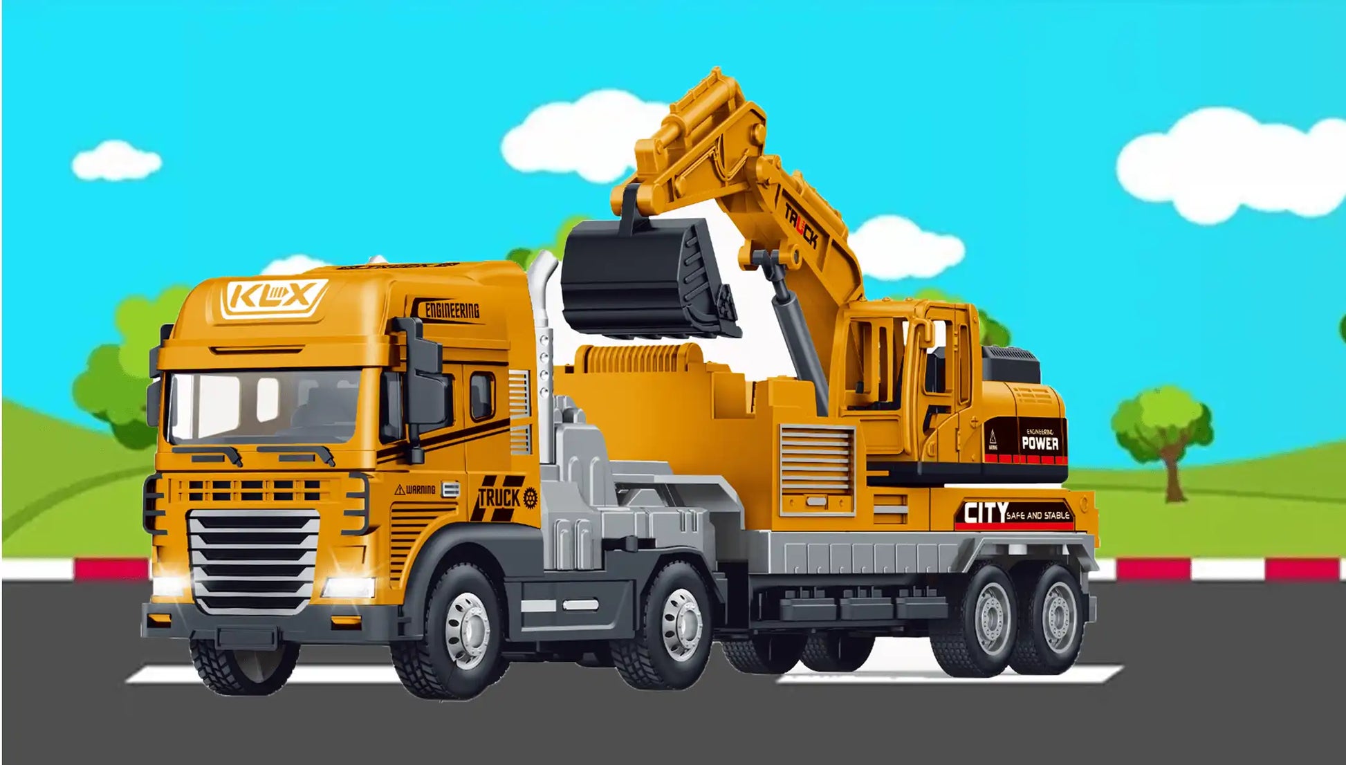Toy construction truck with crane on a colorful background