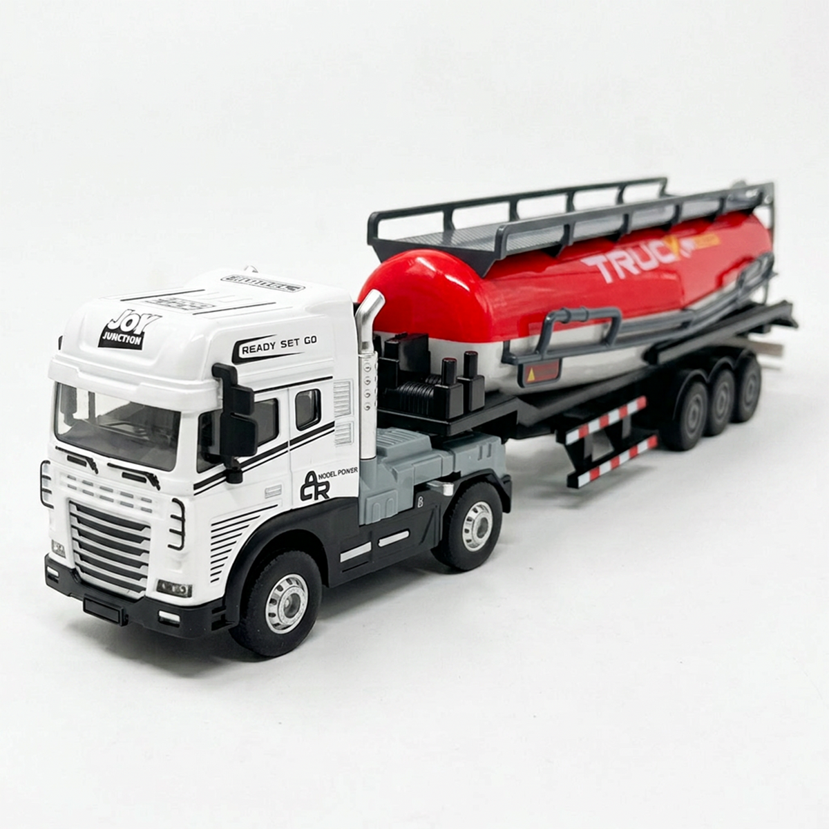 Friction Powered 1:24 Scale Transport Series Diecast Truck and Trailer Set (Cement Truck)