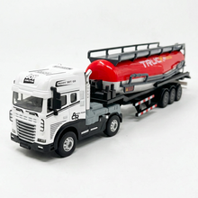 Friction Powered 1:24 Scale Transport Series Diecast Truck and Trailer Set (Cement Truck)