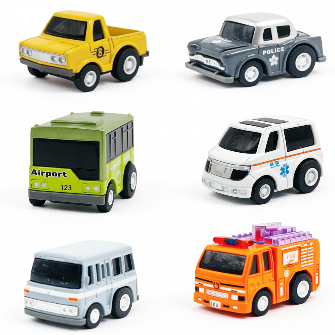 Mini Racer High Speed Transport-Series Ambulance, Fire-Truck, Police-Car, Van, Crane-Truck, Airport-Bus Pullback Toy (Pack of