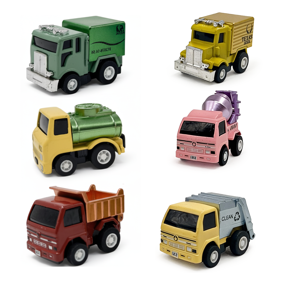 Mini Racer High Speed Transport-Series GOGO-Truck 2, Dirt-Clean, Dipper, Tanker, Cleaner Pullback Toy (Pack of 6 Multicolors)