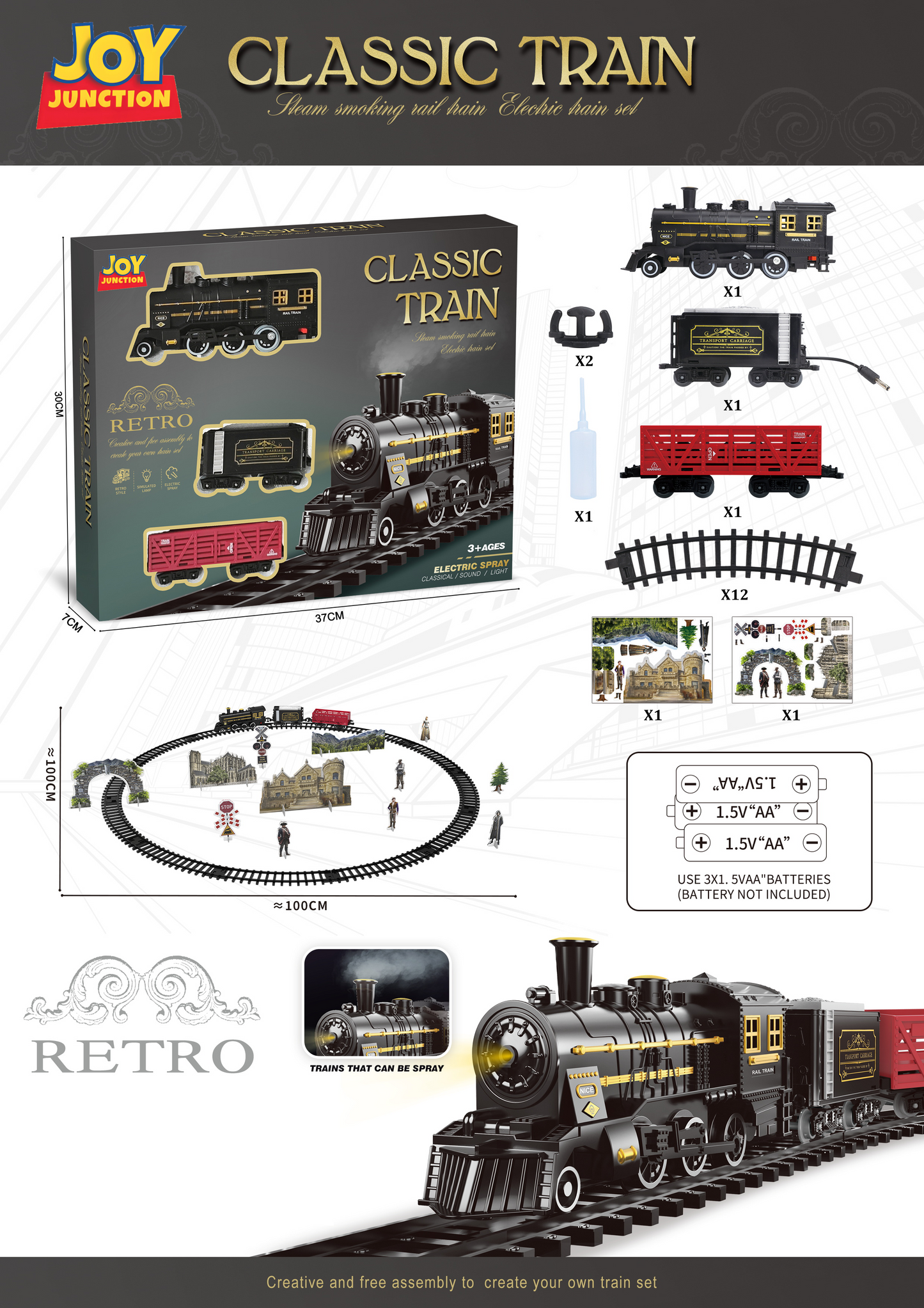 Electric Toy Train Set with Tracks, Steam, Light & Sound – 100 cm Battery Operated Train Toy for Kids