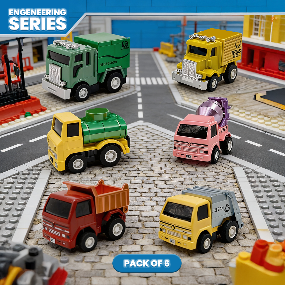 Mini Racer High Speed Transport-Series GOGO-Truck 2, Dirt-Clean, Dipper, Tanker, Cleaner Pullback Toy (Pack of 6 Multicolors)