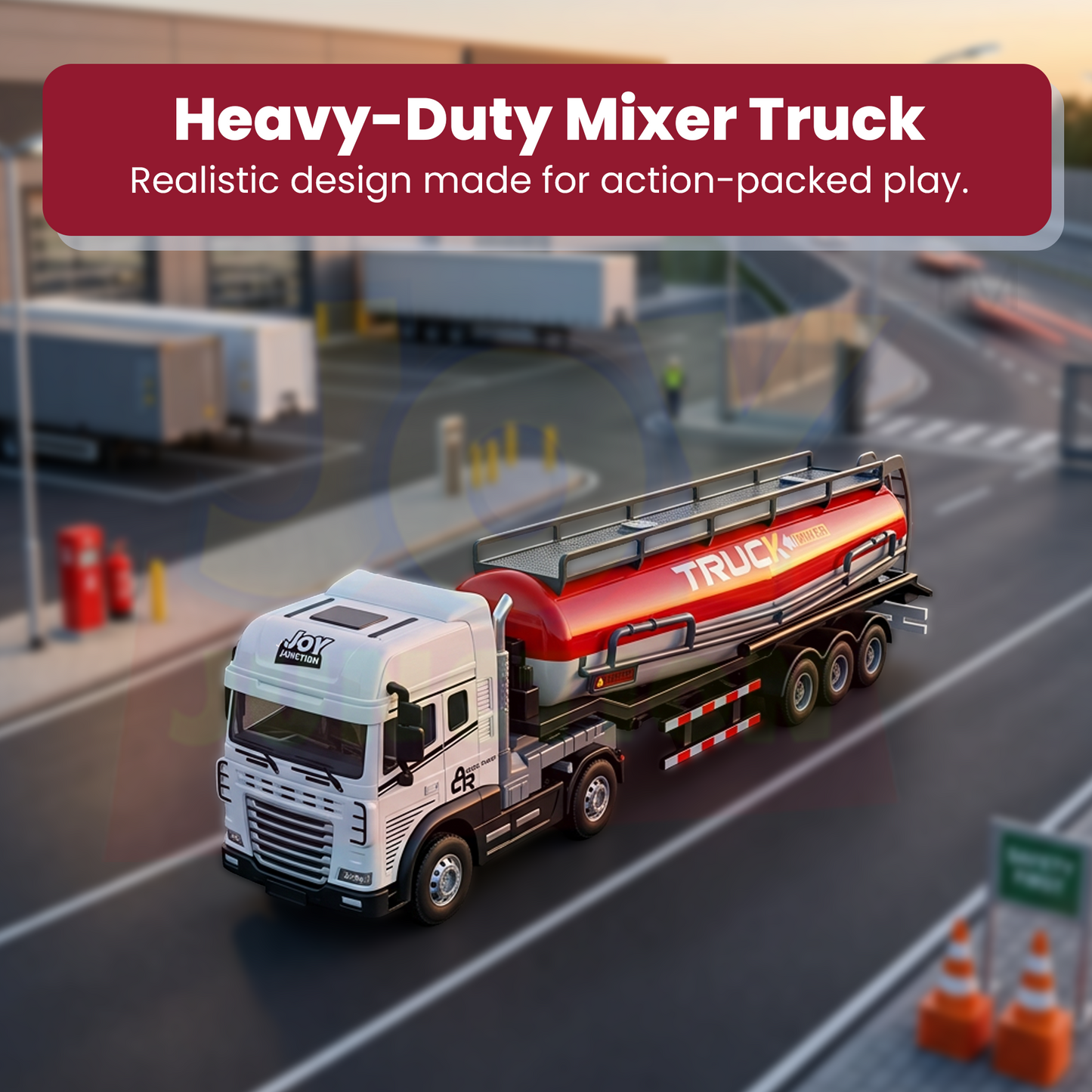Friction Powered 1:24 Scale Transport Series Diecast Truck and Trailer Set (Cement Truck)