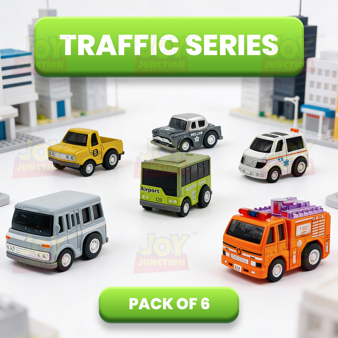Mini Racer High Speed Transport-Series Ambulance, Fire-Truck, Police-Car, Van, Crane-Truck, Airport-Bus Pullback Toy (Pack of