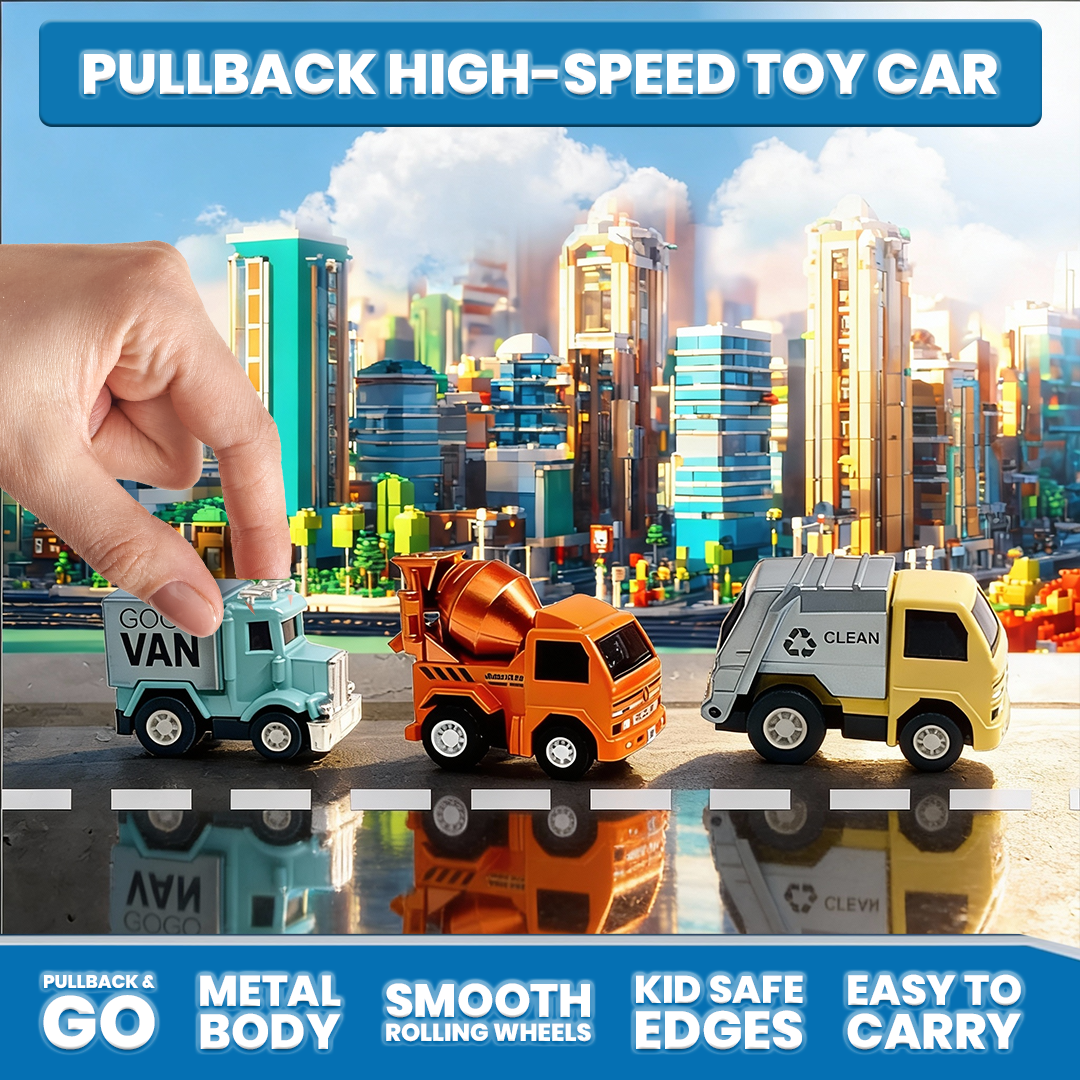 Mini Racer High Speed Transport-Series Dirt-Truck, Cleaner, GOGO-Van Pullback Toy (Pack of 3 Multicolors) - Joy Junction Unca