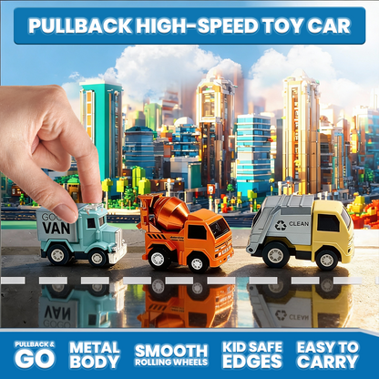 Mini Racer High Speed Transport-Series Dirt-Truck, Cleaner, GOGO-Van Pullback Toy (Pack of 3 Multicolors) - Joy Junction Unca