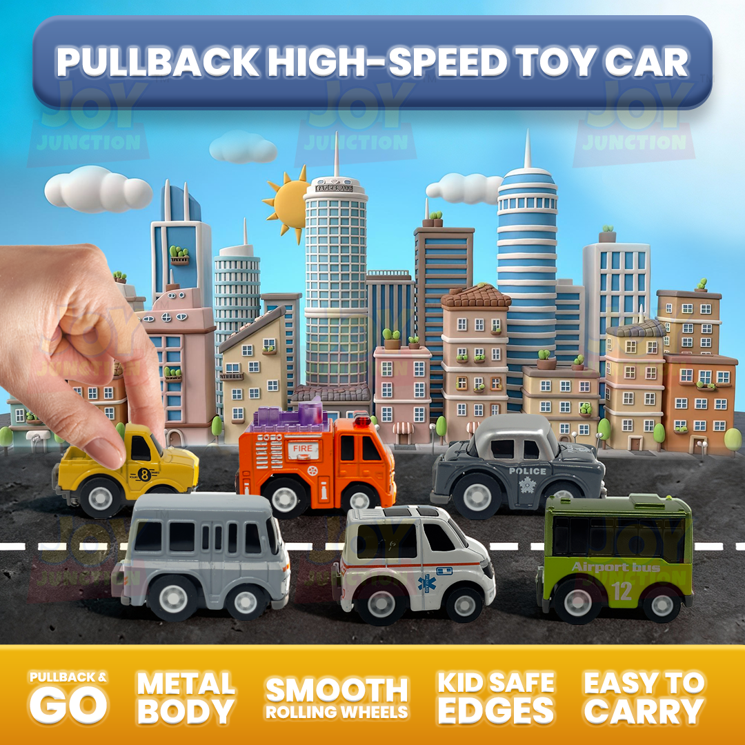 Mini Racer High Speed Transport-Series Ambulance, Fire-Truck, Police-Car, Van, Crane-Truck, Airport-Bus Pullback Toy (Pack of