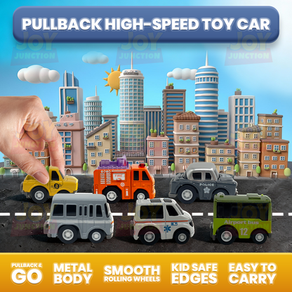 Mini Racer High Speed Transport-Series Ambulance, Fire-Truck, Police-Car, Van, Crane-Truck, Airport-Bus Pullback Toy (Pack of