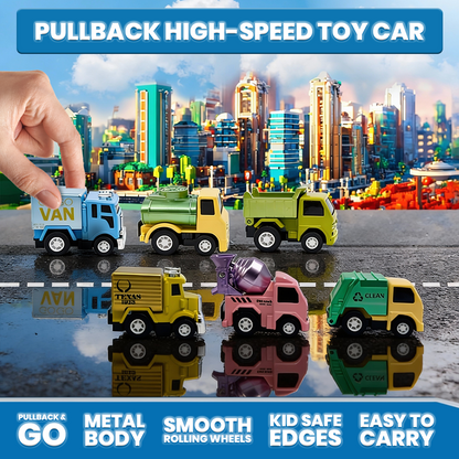 Mini Racer High Speed Transport-Series GOGO-Truck 2, Dirt-Clean, Dipper, Tanker, Cleaner Pullback Toy (Pack of 6 Multicolors)