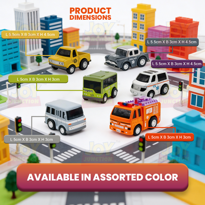 Mini Racer High Speed Transport-Series Ambulance, Fire-Truck, Police-Car, Van, Crane-Truck, Airport-Bus Pullback Toy (Pack of
