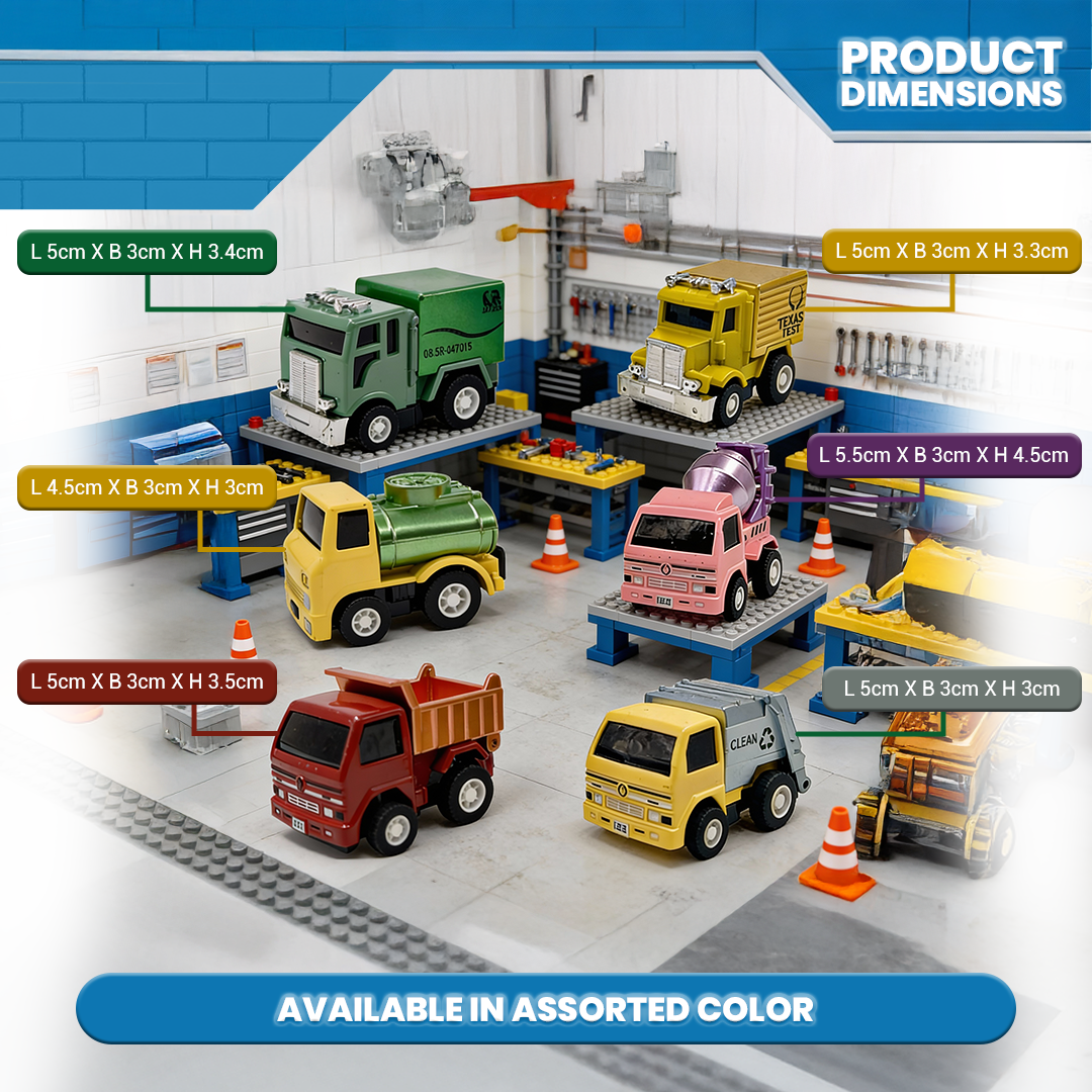 Mini Racer High Speed Transport-Series GOGO-Truck 2, Dirt-Clean, Dipper, Tanker, Cleaner Pullback Toy (Pack of 6 Multicolors)