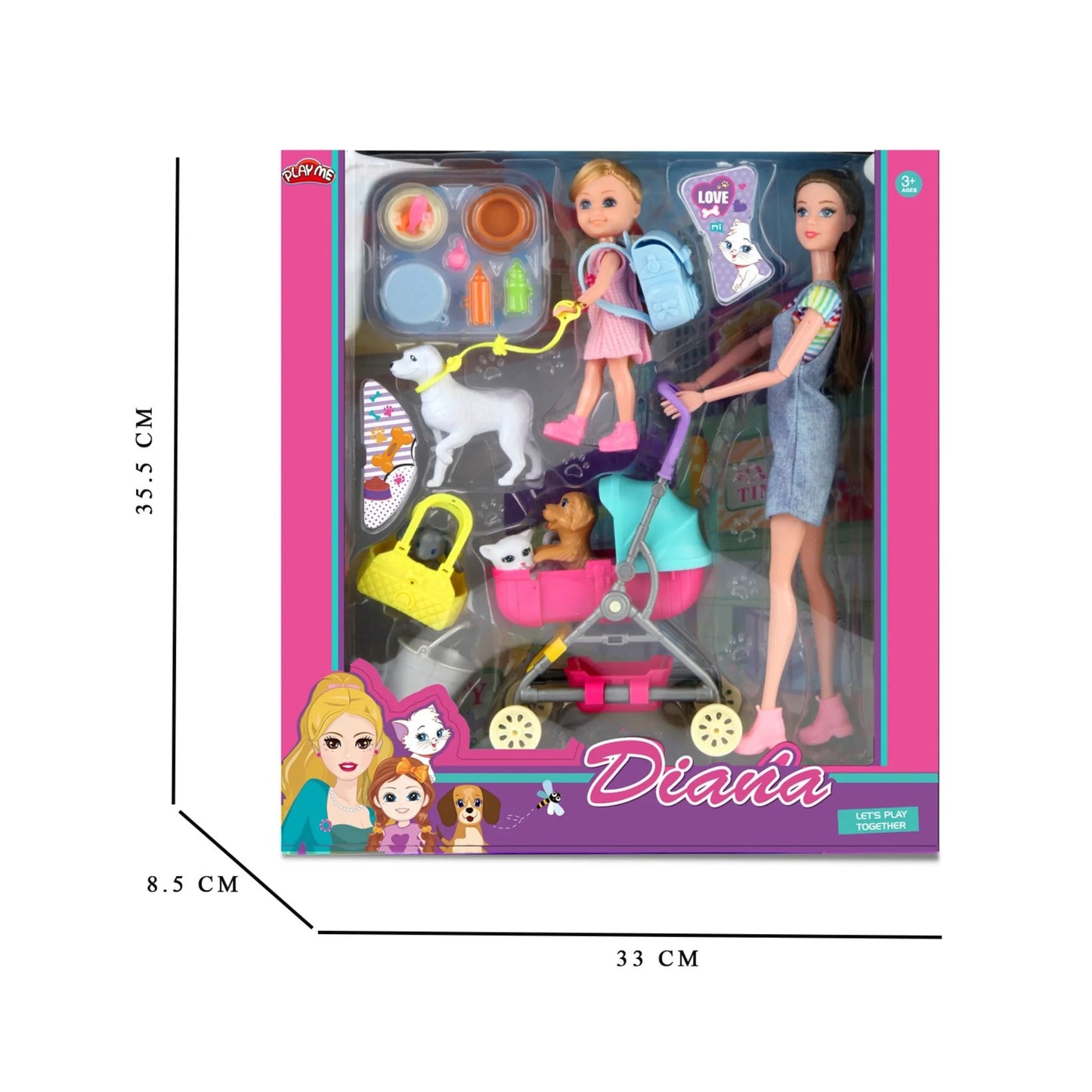 Diana Series Doll with Baby, Pets & Stroller | Pet Walk Fashion Doll Toy for Girls