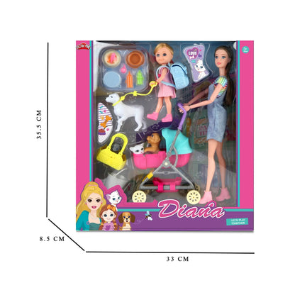 Diana Series Doll with Baby, Pets & Stroller | Pet Walk Fashion Doll Toy for Girls