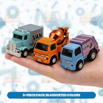 Mini Racer High Speed Transport-Series Dirt-Truck, Cleaner, GOGO-Van Pullback Toy (Pack of 3 Multicolors) - Joy Junction Unca