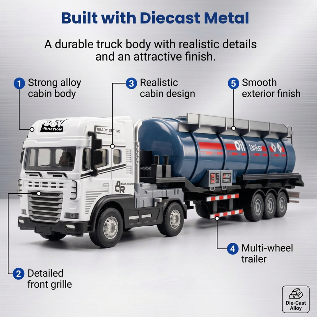 Friction Powered 1:24 Scale Transport Series Diecast Truck and Trailer Set (Oil Tanker Truck)