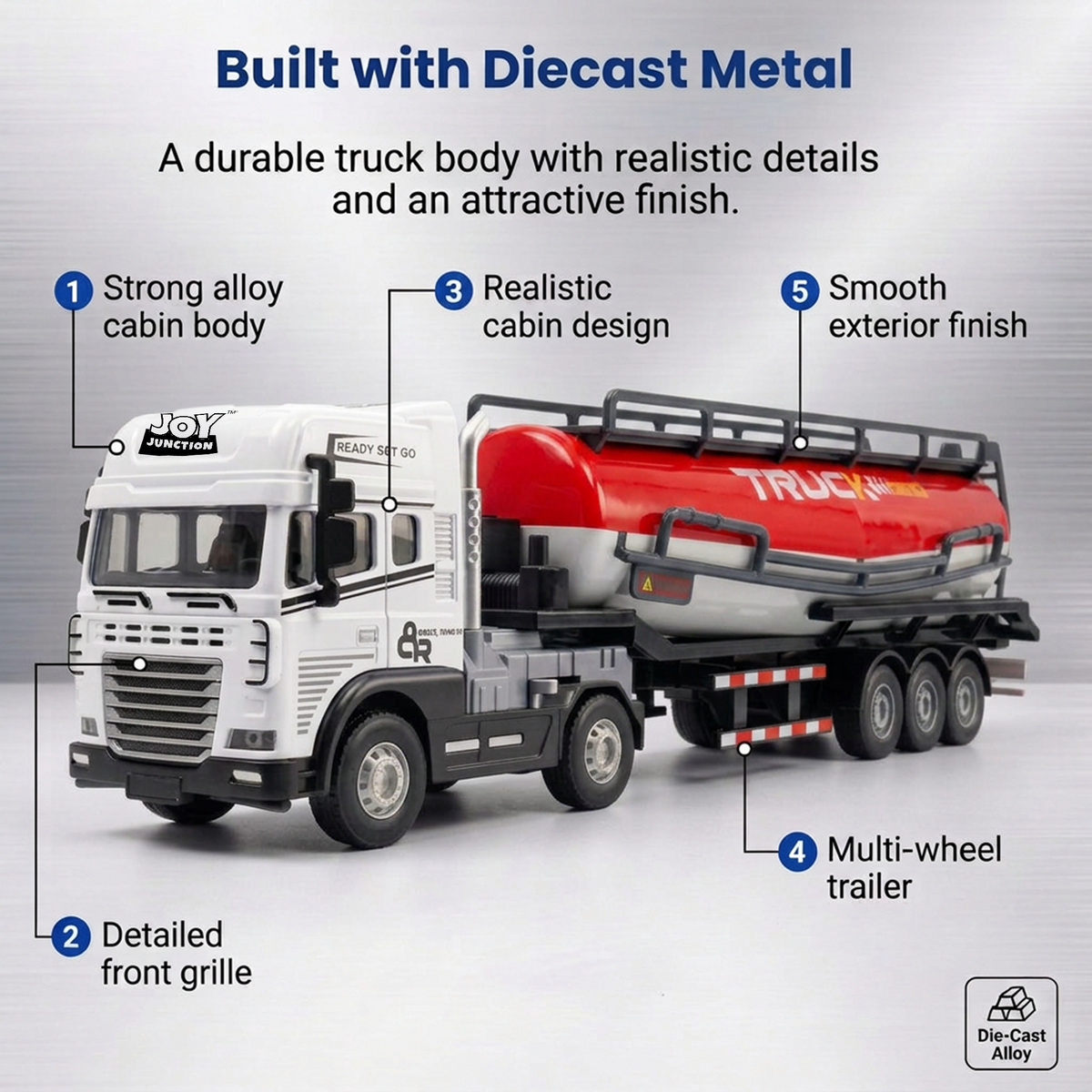 Friction Powered 1:24 Scale Transport Series Diecast Truck and Trailer Set (Cement Truck)