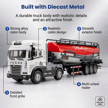 Friction Powered 1:24 Scale Transport Series Diecast Truck and Trailer Set (Cement Truck)