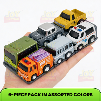 Mini Racer High Speed Transport-Series Ambulance, Fire-Truck, Police-Car, Van, Crane-Truck, Airport-Bus Pullback Toy (Pack of