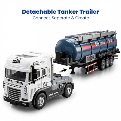 Friction Powered 1:24 Scale Transport Series Diecast Truck and Trailer Set (Oil Tanker Truck)