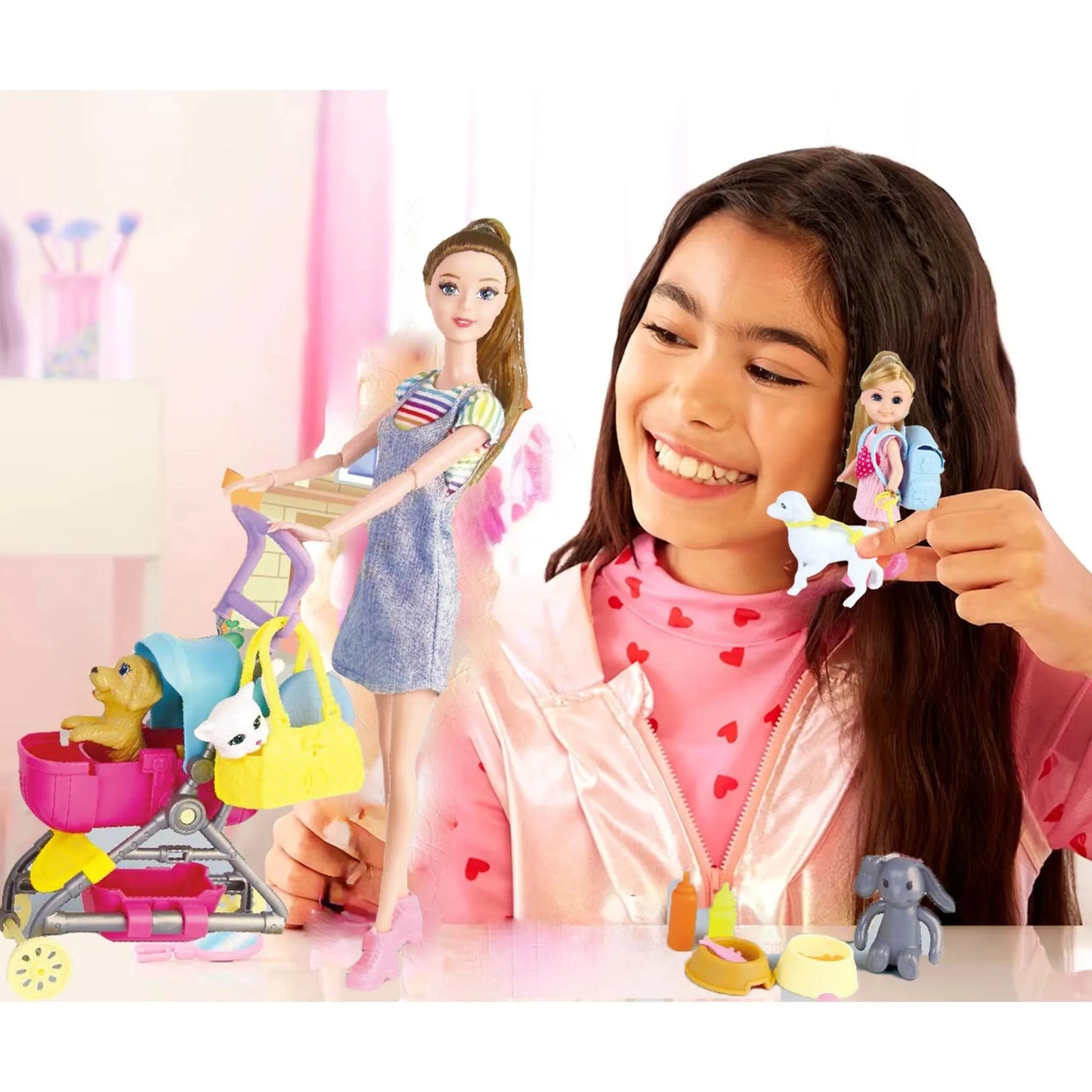 Diana Series Doll with Baby, Pets & Stroller | Pet Walk Fashion Doll Toy for Girls