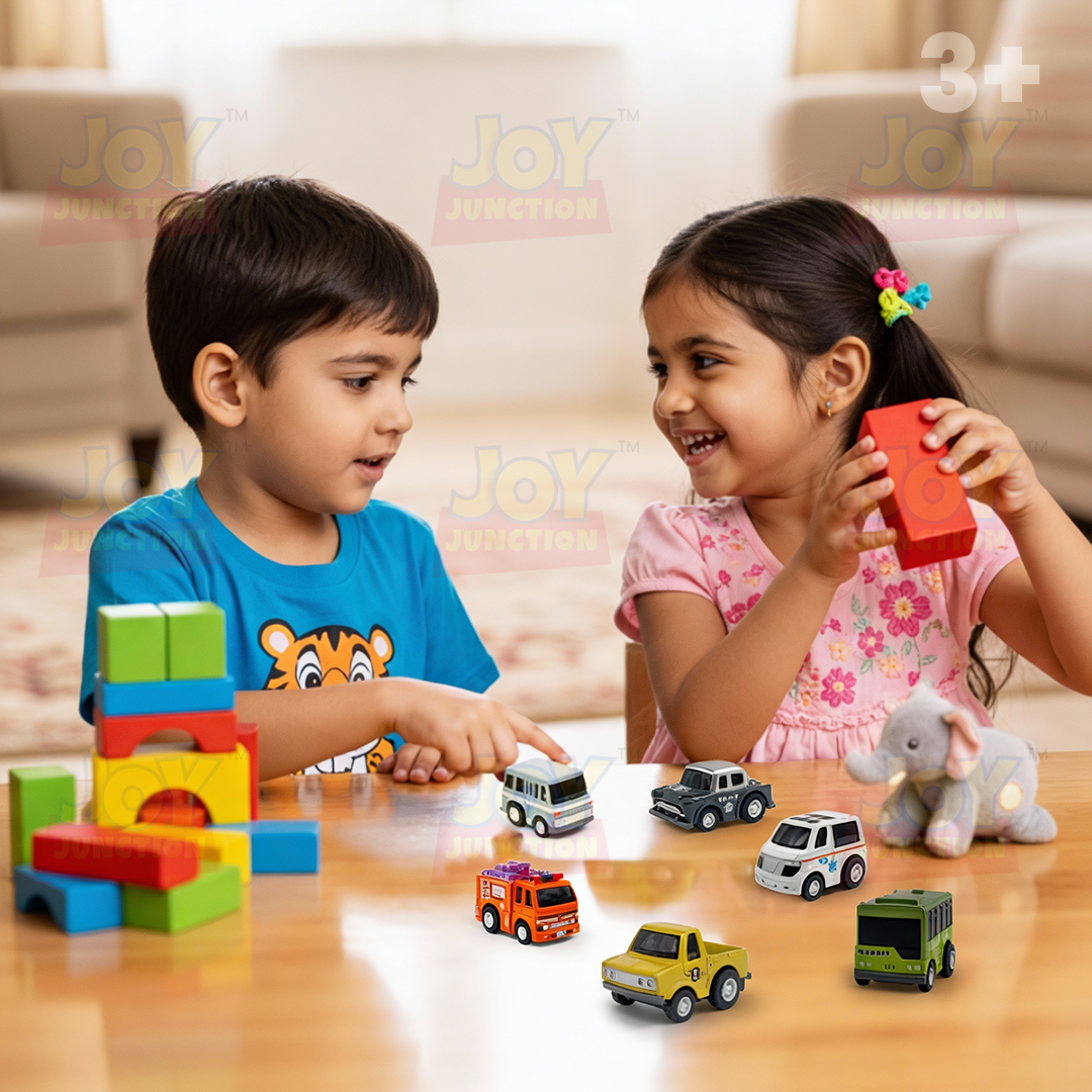 Mini Racer High Speed Transport-Series Ambulance, Fire-Truck, Police-Car, Van, Crane-Truck, Airport-Bus Pullback Toy (Pack of