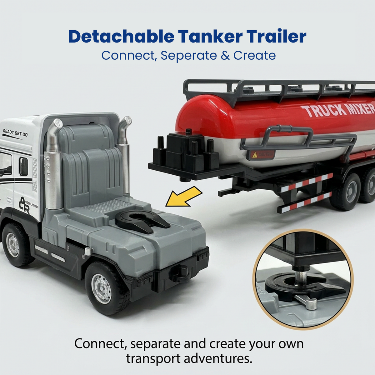 Friction Powered 1:24 Scale Transport Series Diecast Truck and Trailer Set (Cement Truck)