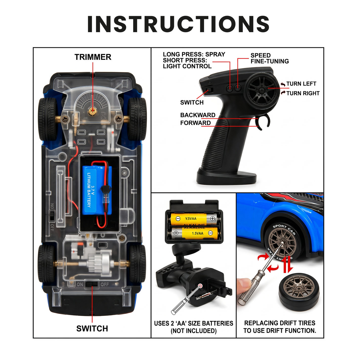 Rechargeable Remote Control - High Speed Drift Racing Car with Extra Drift Tires – Light & Smoke Effect