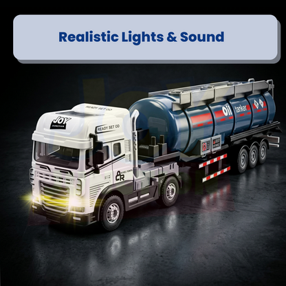 Friction Powered 1:24 Scale Transport Series Diecast Truck and Trailer Set (Oil Tanker Truck)