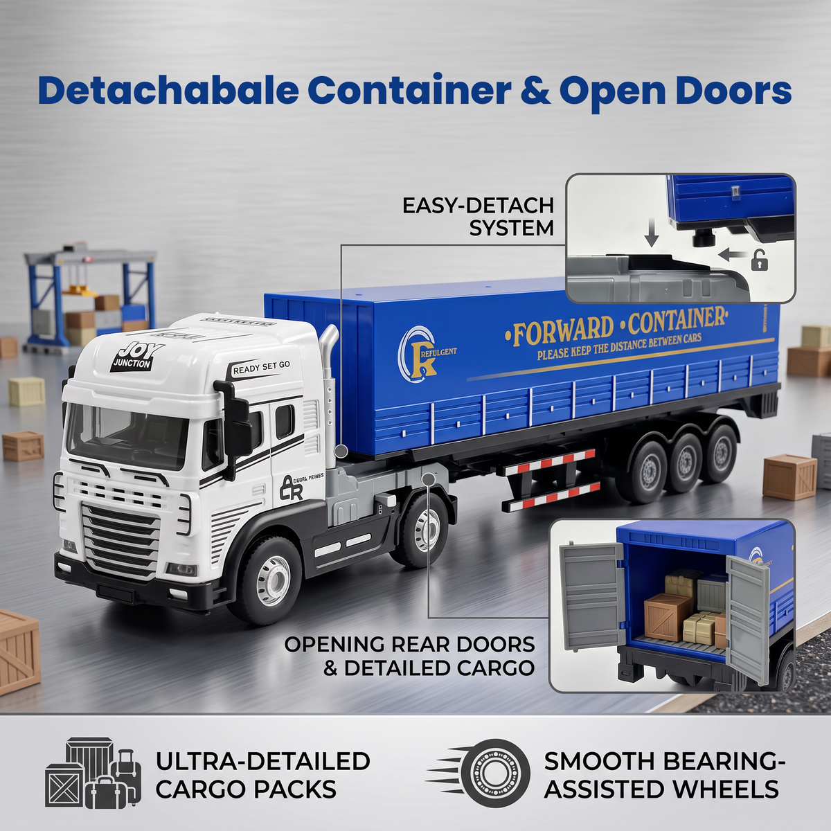 Friction Powered 1:24 Scale Transport Series Diecast Truck and Trailer Set (Container Truck)