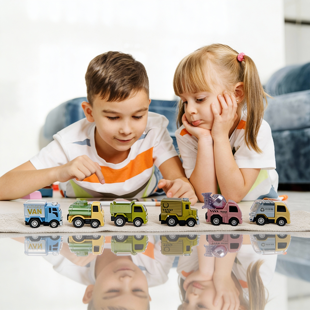 Mini Racer High Speed Transport-Series GOGO-Truck 2, Dirt-Clean, Dipper, Tanker, Cleaner Pullback Toy (Pack of 6 Multicolors)
