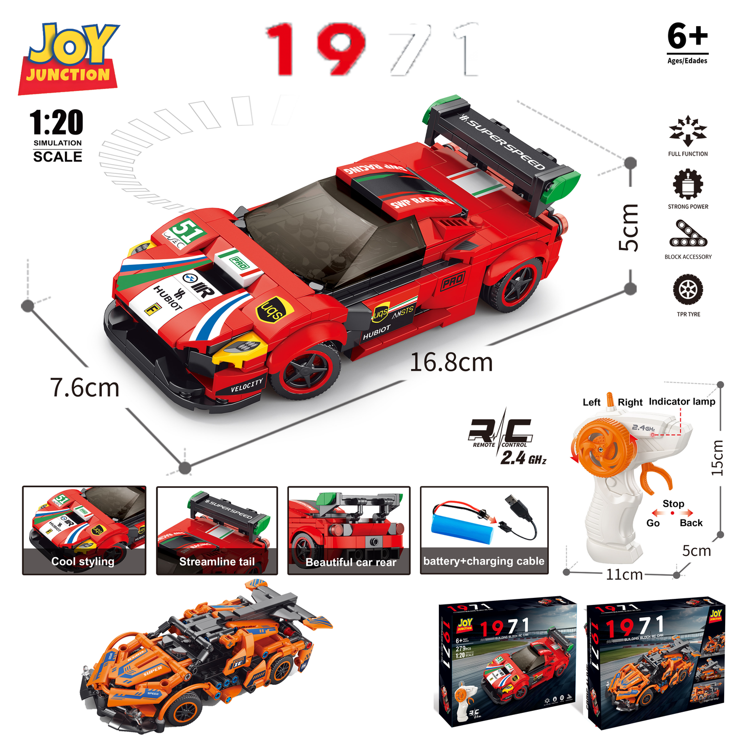 Ferari Inspired Supercar Building Blocks 1:20 Scale 279 Pieces RC Car Kit STEM Educational Construction Toy for Kids & Adults