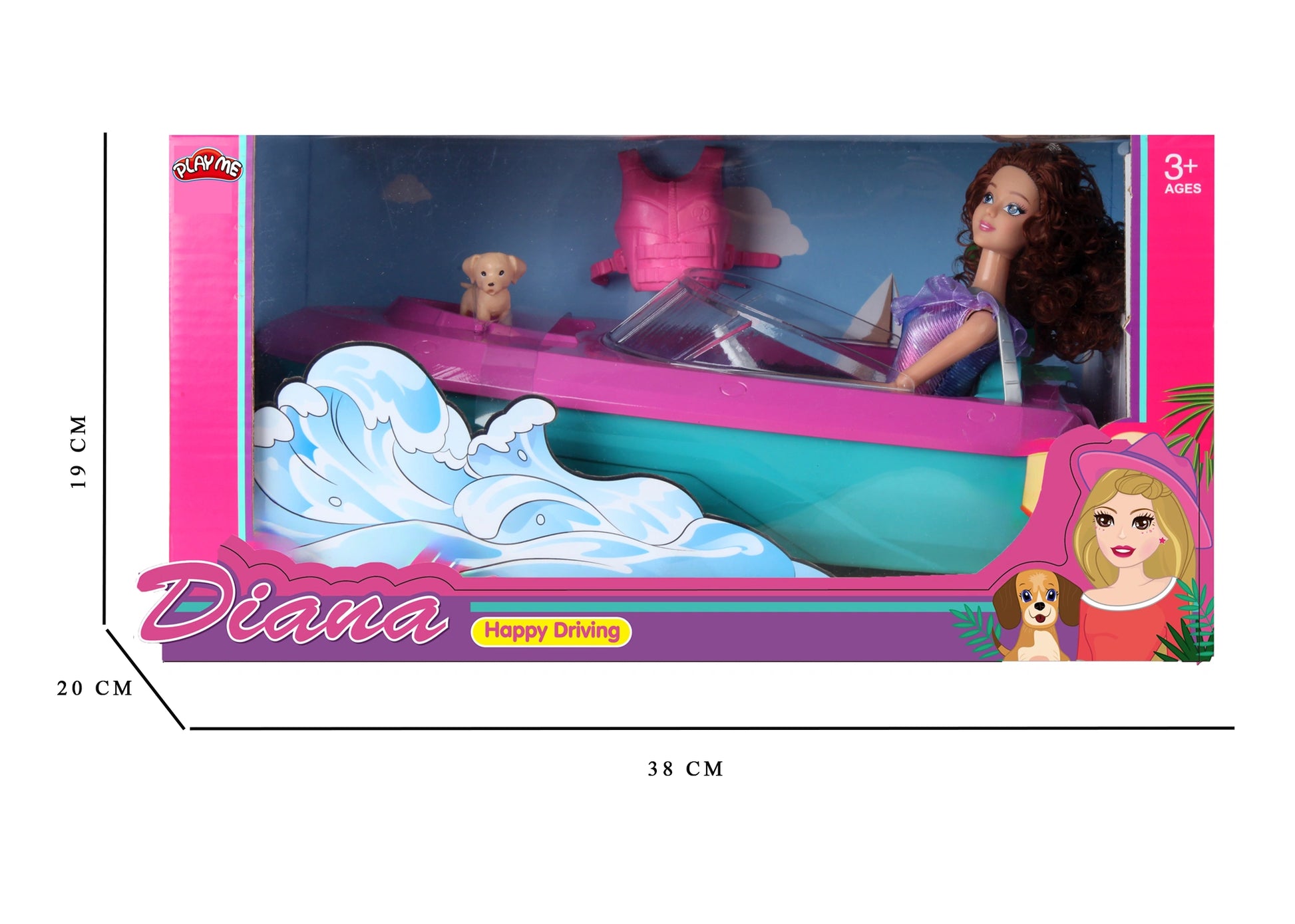 Toy box with a doll, car, and teddy bear, featuring the brand 'Diana'.