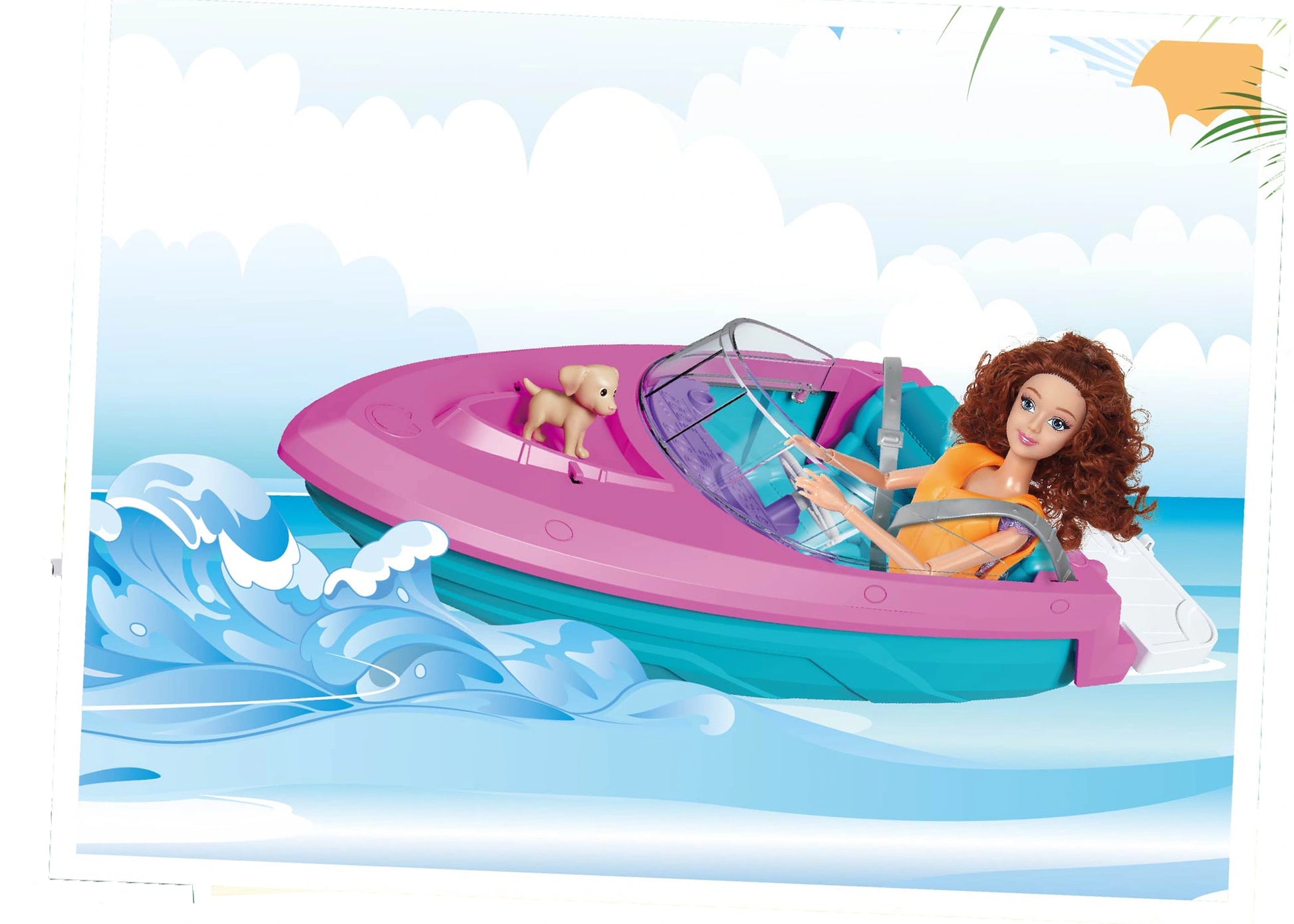 Barbie doll driving a pink speedboat with a dog on a blue wave background