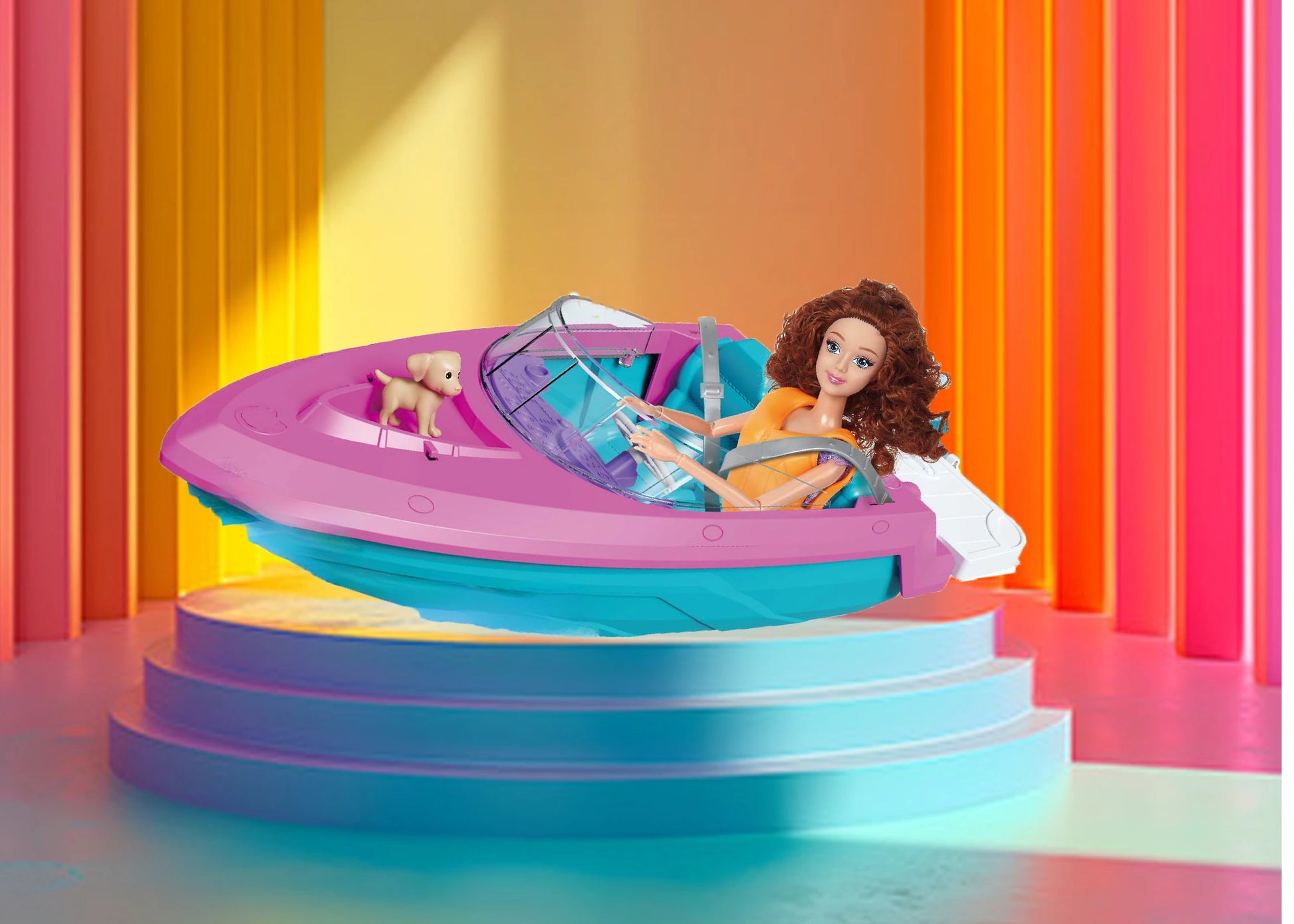 Barbie doll with a pink and blue toy pool against a colorful background