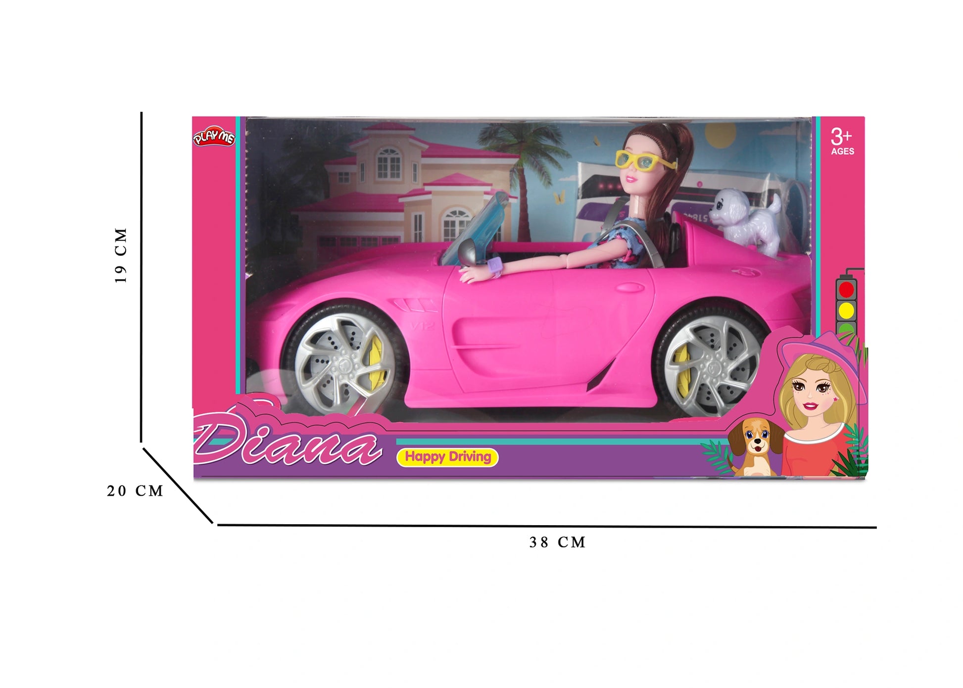 Pink toy car with a doll in a box, dimensions indicated