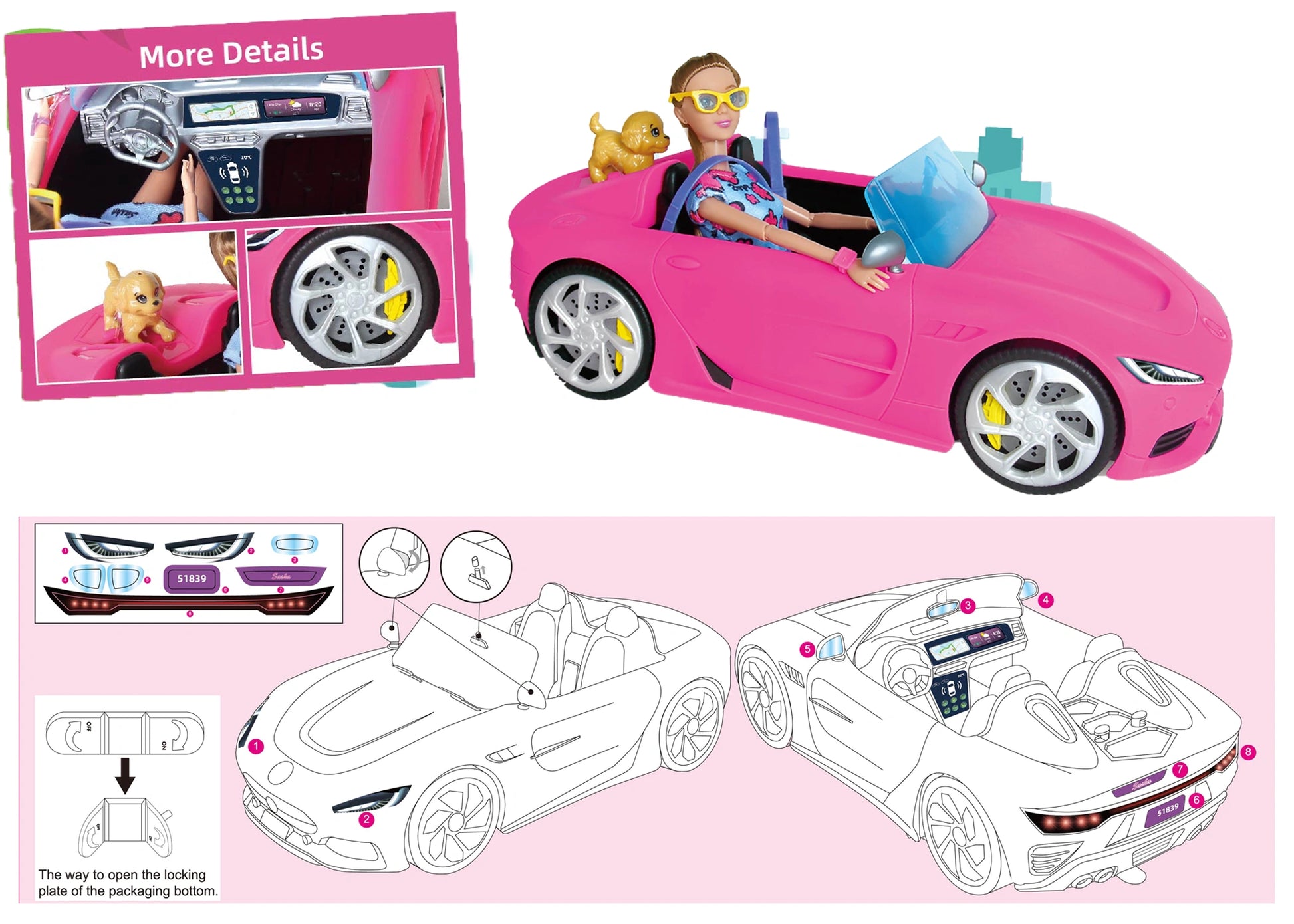 Pink toy car with a child figure, dog, and accessories on a white background