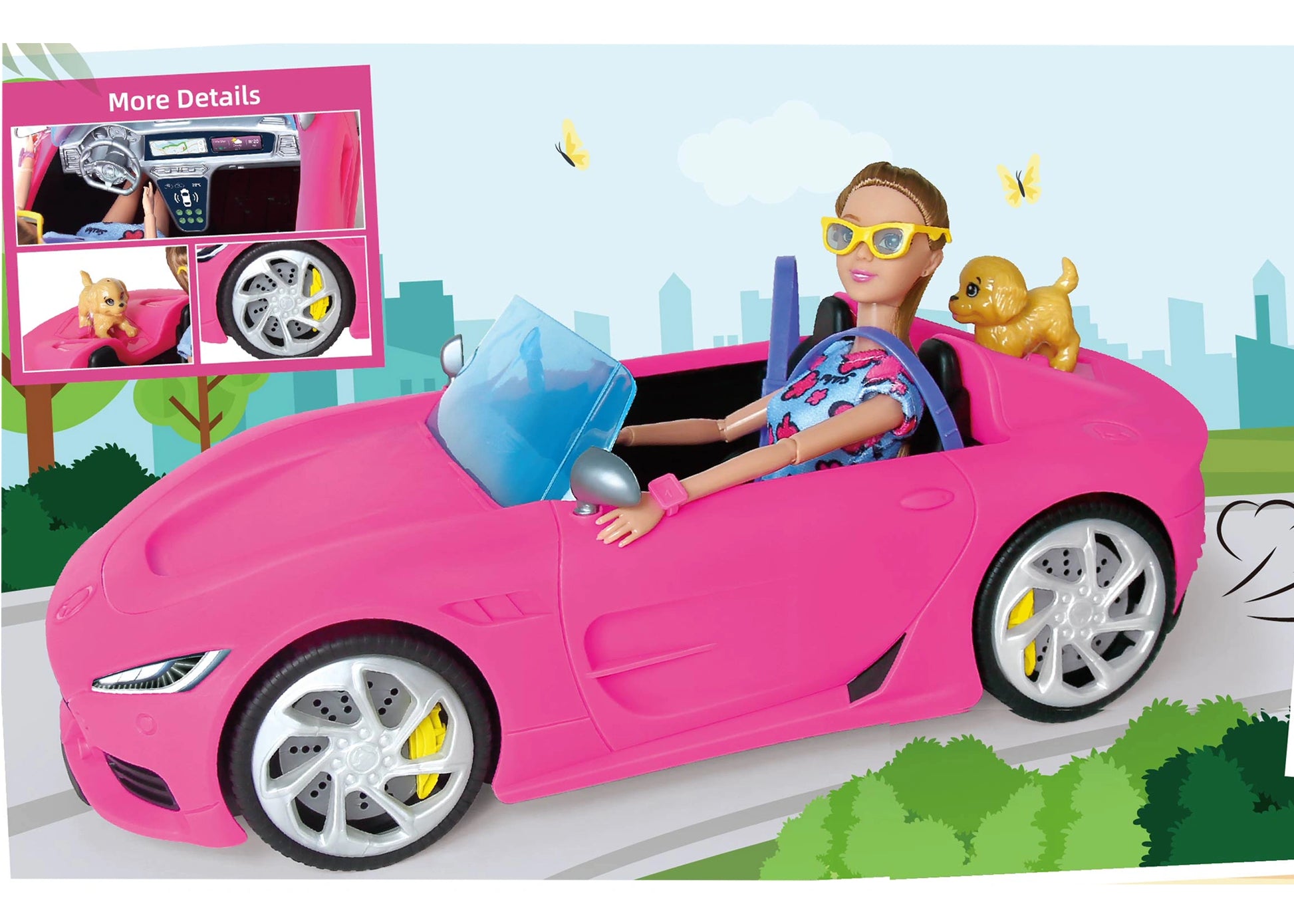 Pink toy car with a doll driving and a dog in the backseat, set against a cityscape background.