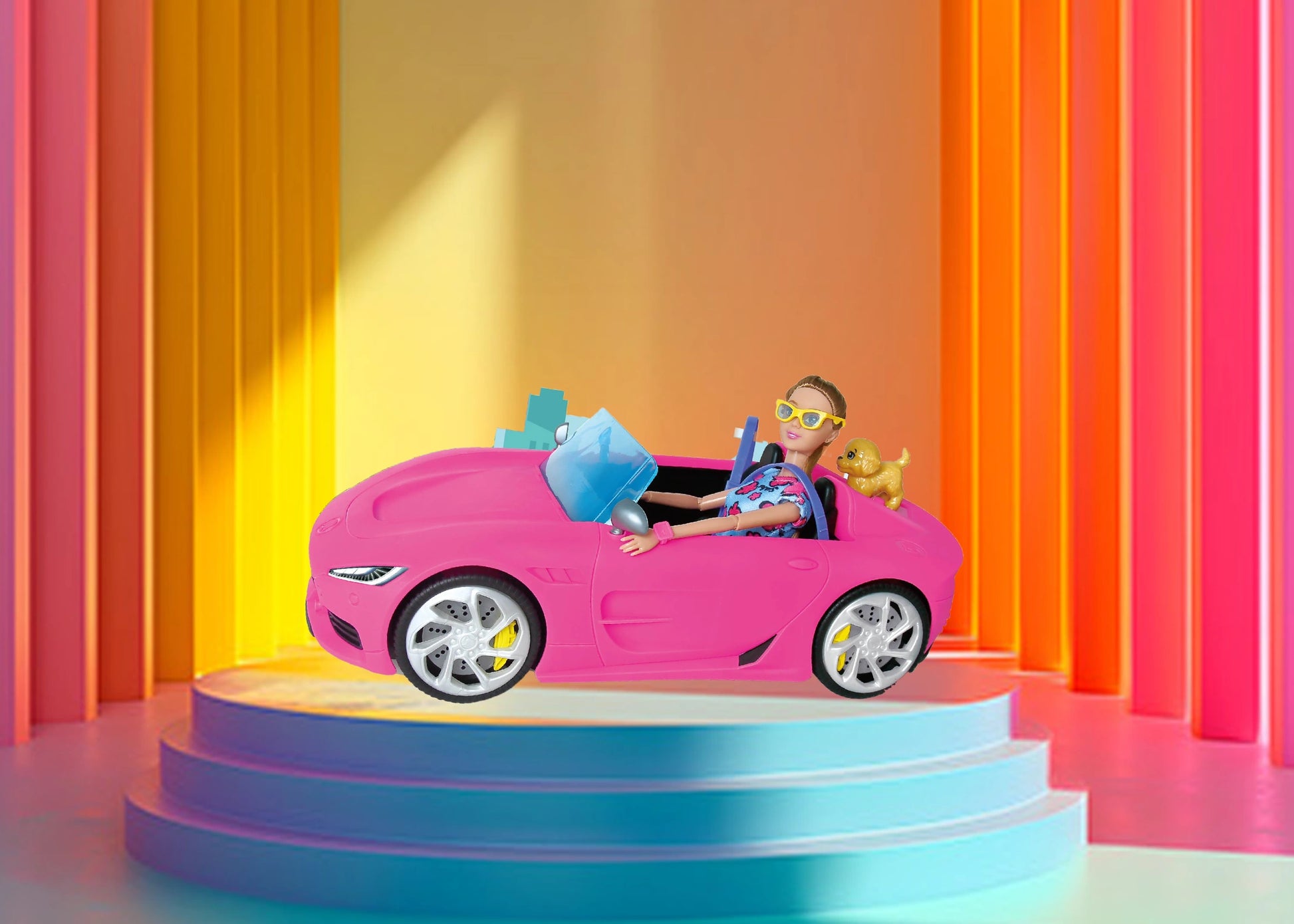 Child in a pink toy car with colorful curtains in the background