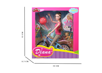 Product packaging with a doll on a bike, dimensions indicated, and brand name 'Diana' visible.