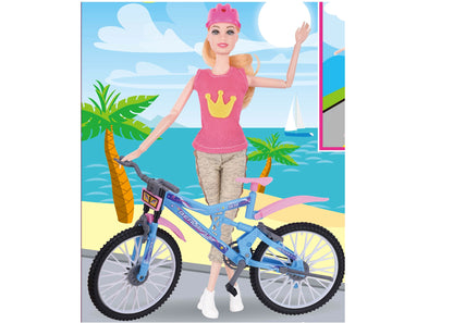 Barbie doll with pink crown shirt and bike on beach background