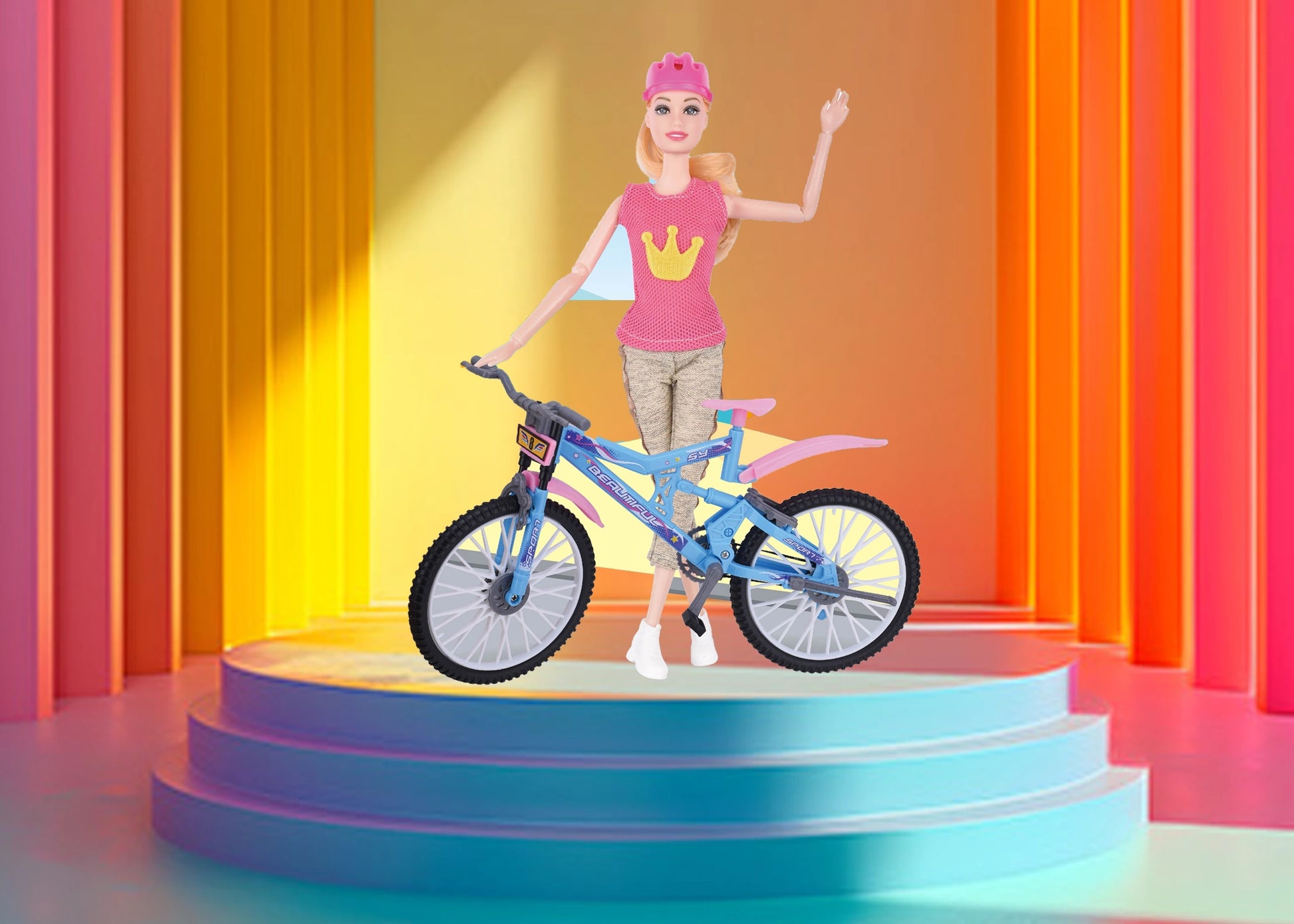 Barbie doll with a bicycle on a colorful stage