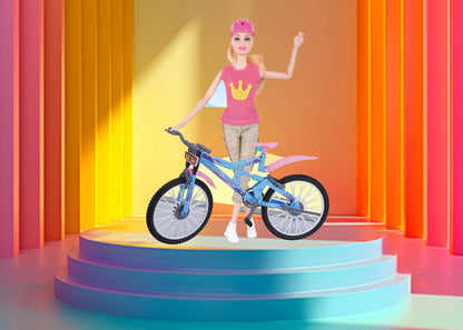 Barbie doll with a bicycle on a colorful stage