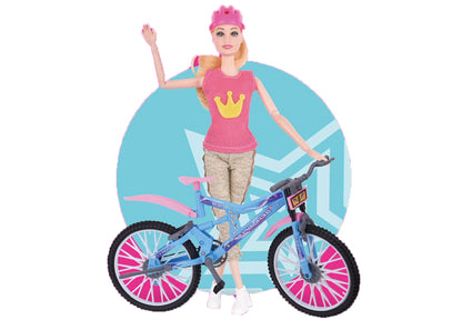 Doll with pink bike on a white background