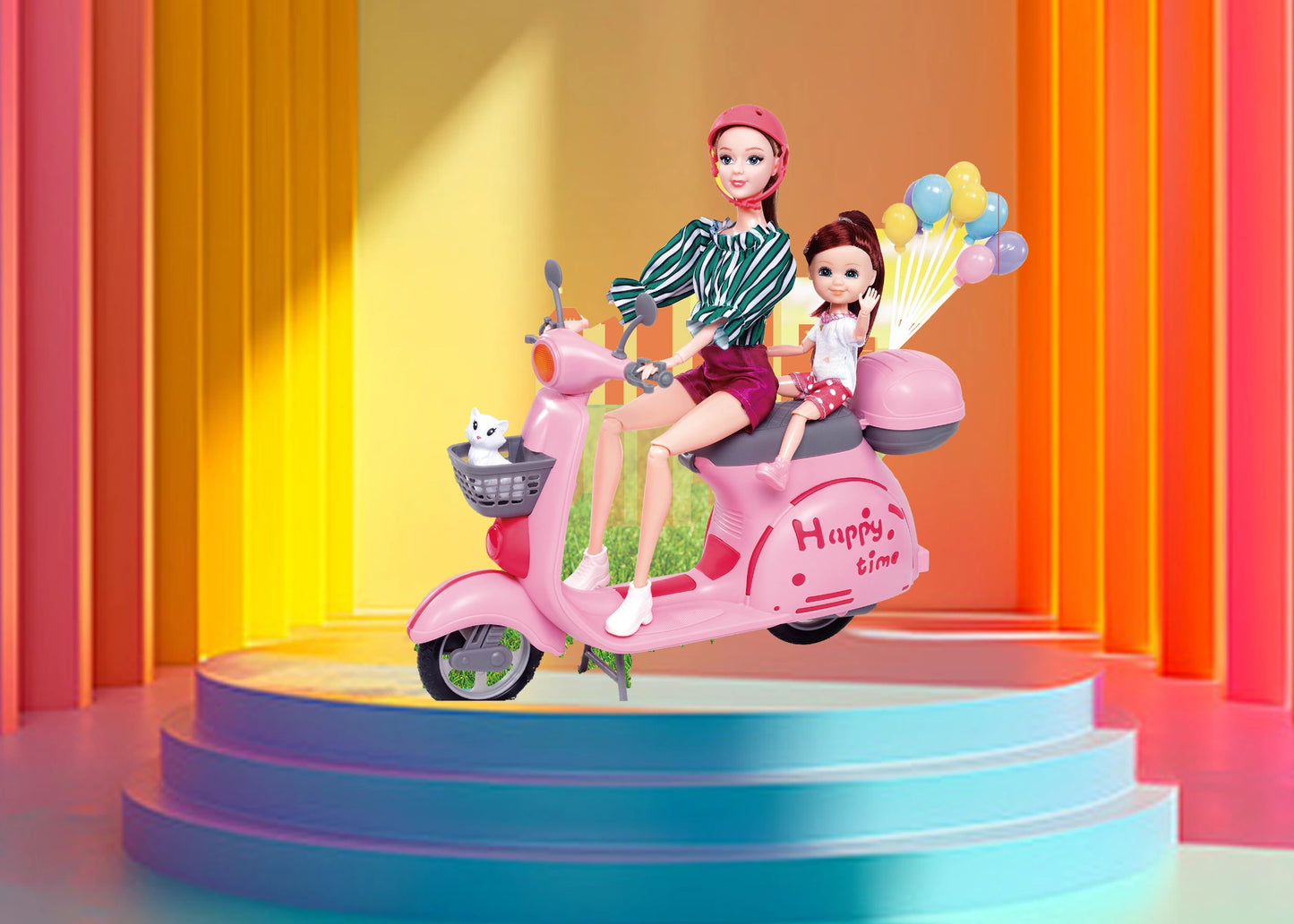 Barbie dolls on a pink scooter with colorful balloons against a vibrant curtain background