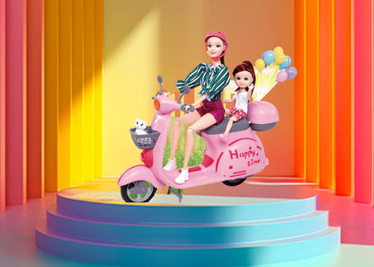 Barbie dolls on a pink scooter with colorful balloons against a vibrant curtain background