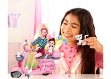 Girl playing with dolls and a scooter toy set on a white background