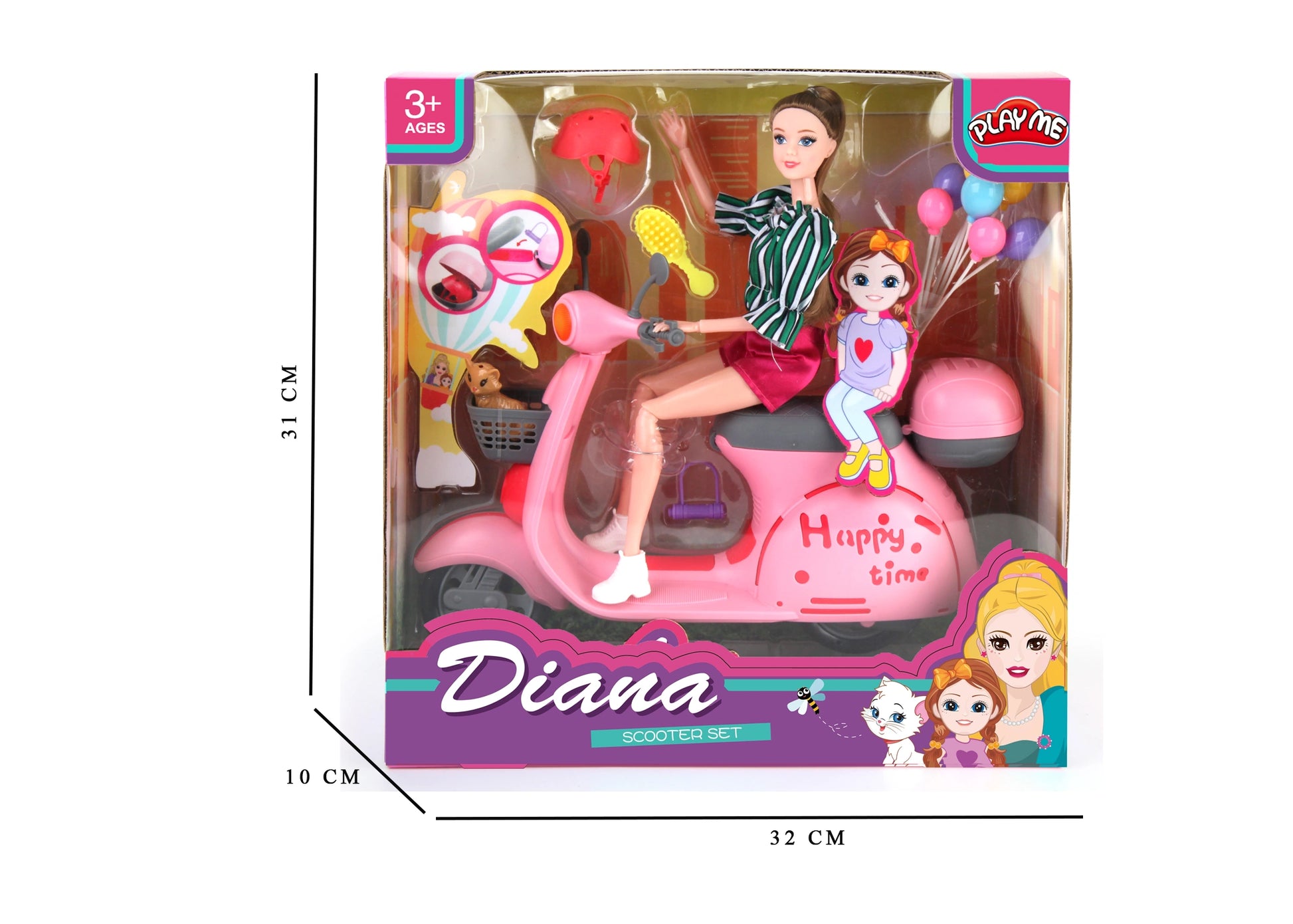 Toy scooter with dolls in packaging, featuring dimensions on a white background