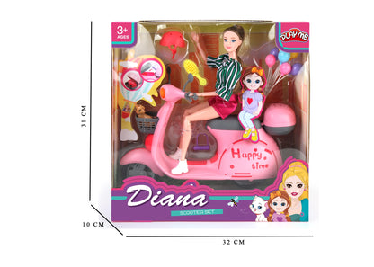 Toy scooter with dolls in packaging, featuring dimensions on a white background